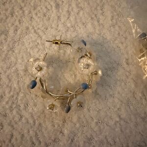 Nicola Bathie Gold Floral Hoop Earrings with White Flowers and Blue Accents